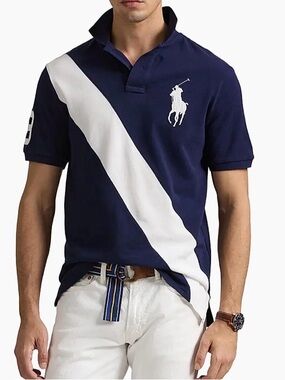 Polo Ralph Lauren Custom-Slim-Fit Navy White Diagonal Stripe Polo Shirt NWT~XXL